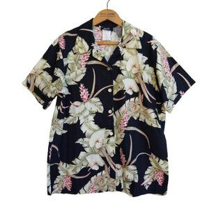Vintage 90s Women's Hawaiian Shirt Size M Black Tropical Print Retro Tiki